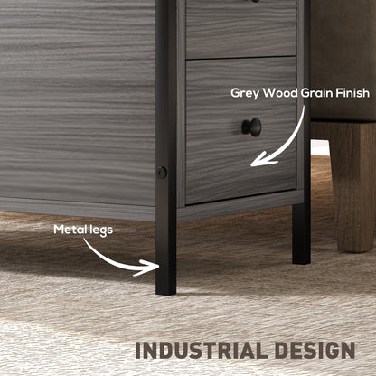 Side Table, Narrow Bedside Table with 2 Drawers and Storage Shelf, Industrial End Table with Metal Frame for Small Spaces