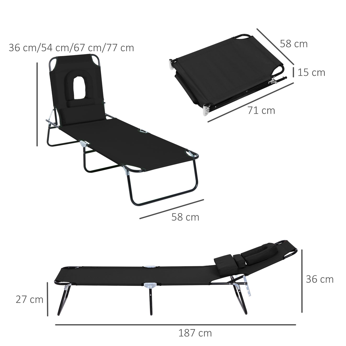 Outdoor Folding Sun Lounger with Face Hole, 4 Level Adjustable Backrest Reclining Garden Lounger