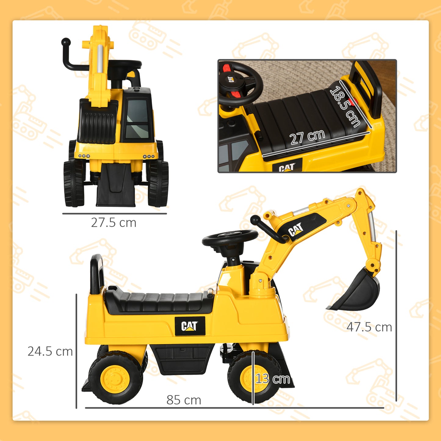 CAT Licensed Kids Ride on Digger Toddler Pretend Construction Play Toy Foot-To-Floor Ride-On Toy w/ Manual Shovel, Horn