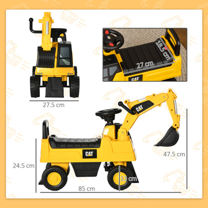 CAT Licensed Kids Ride on Digger Toddler Pretend Construction Play Toy Foot-To-Floor Ride-On Toy w/ Manual Shovel, Horn