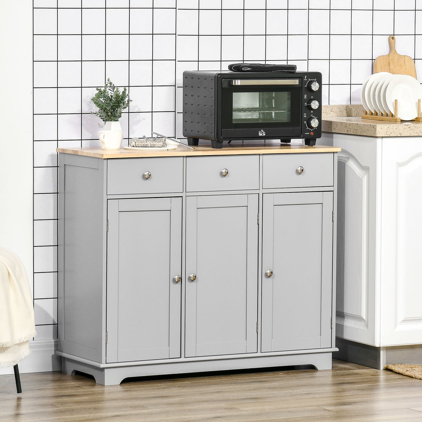 Sideboard with Rubberwood Top and Independent Storage Shelves for Dining Room, Kitchen - Grey