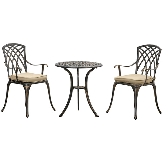 3pc Cast Aluminium Garden Bistro Set for 2 with Parasol Hole, Outdoor Coffee Table Set Rust Resistant with Cushions, Bronze