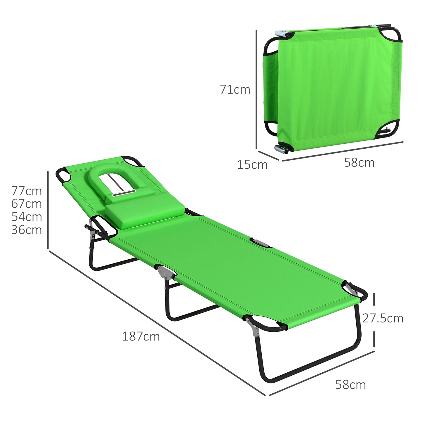 Folding Sun Loungers Set of 2 with Face Hole, 4-Position Adjustable Backrest Garden Recliner Chair Sunbed