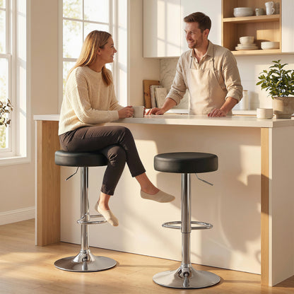 Bar Stools Set of 2, Modern PU Leather Swivel Barstools, Height Adjustable Breakfast Bar Chairs with Footrest, Black