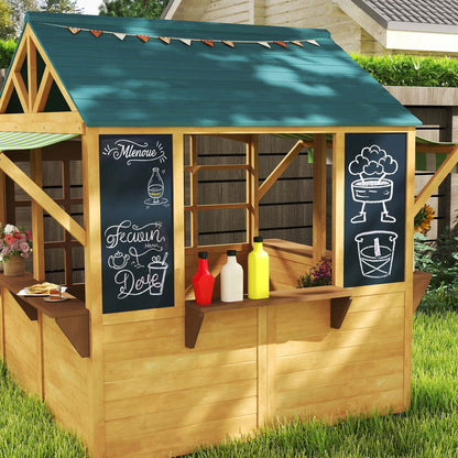 Wooden Playhouse for Kids, Foldable Wendy House with Windows, Working Door, Service Stations, Rain Covers, Brown