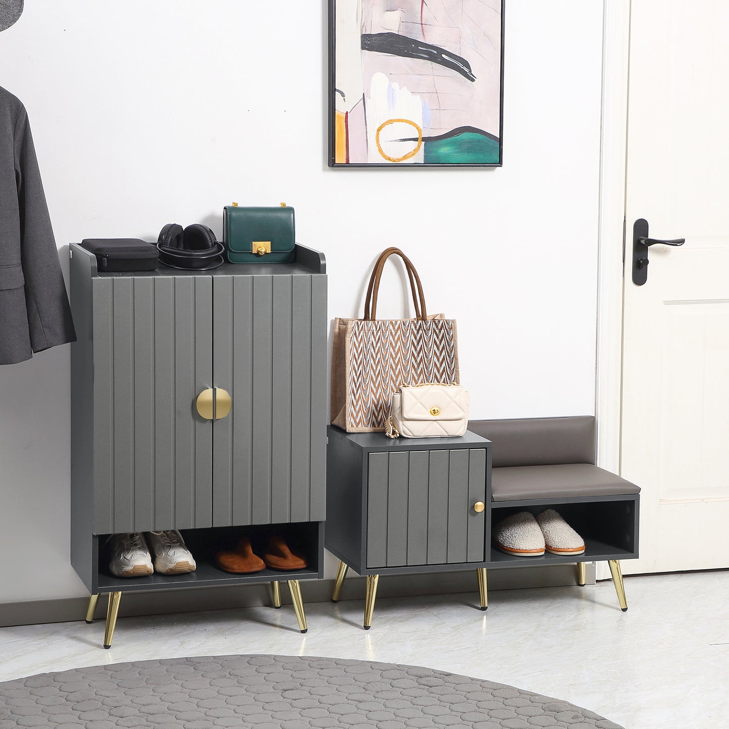 Modern Shoe Cabinet with 2 Doors, Open Shelf and Adjustable Shelves, 15 Pair Hallway Shoe Cupboard, Entryway Storage Unit