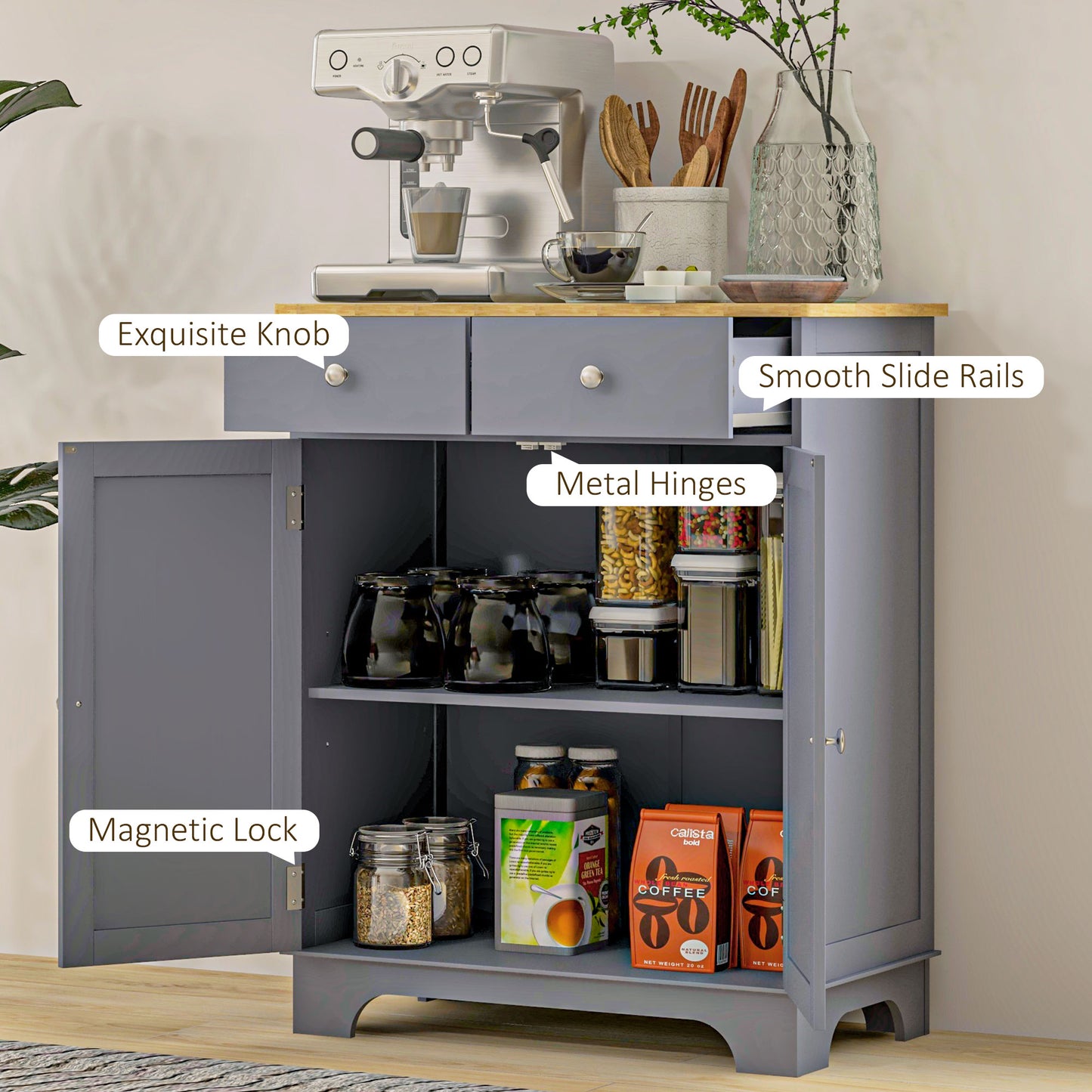 Side Storage Multi-use Sideboard Table Kitchen Floor Cabinet with Solid Wood Top, Adjustable Shelf, Drawer, Grey