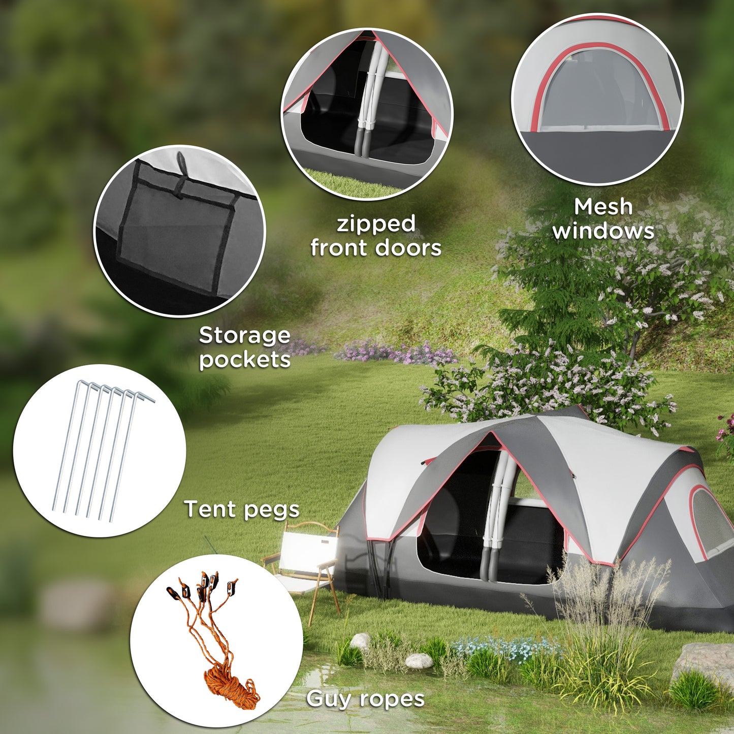 Camping Tent for 6 Man with 2000mm Waterproof Rainfly and Carry Bag for Fishing Hiking Festival, Grey