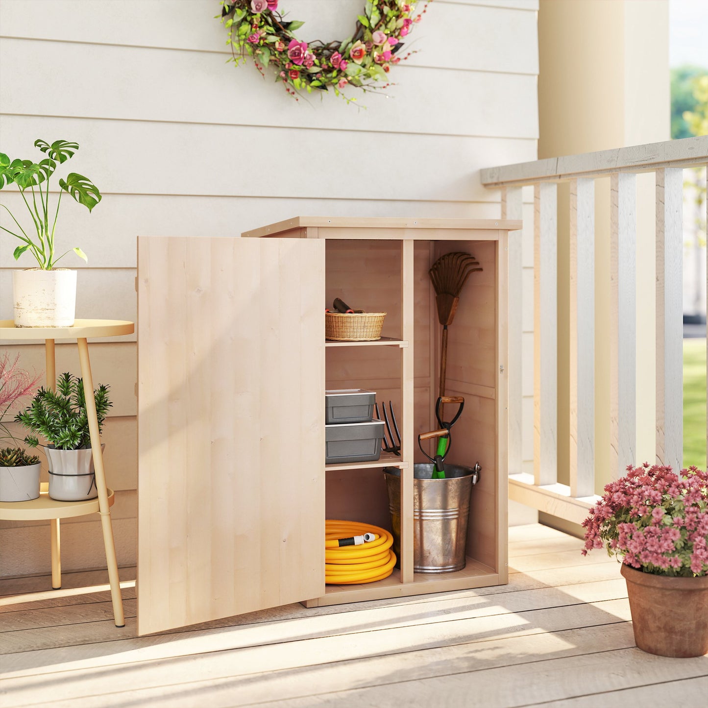 Wooden Small Shed, Garden Storage Shed with Shelves and Bolt Latch, 75L x 56W x115H cm, Natural