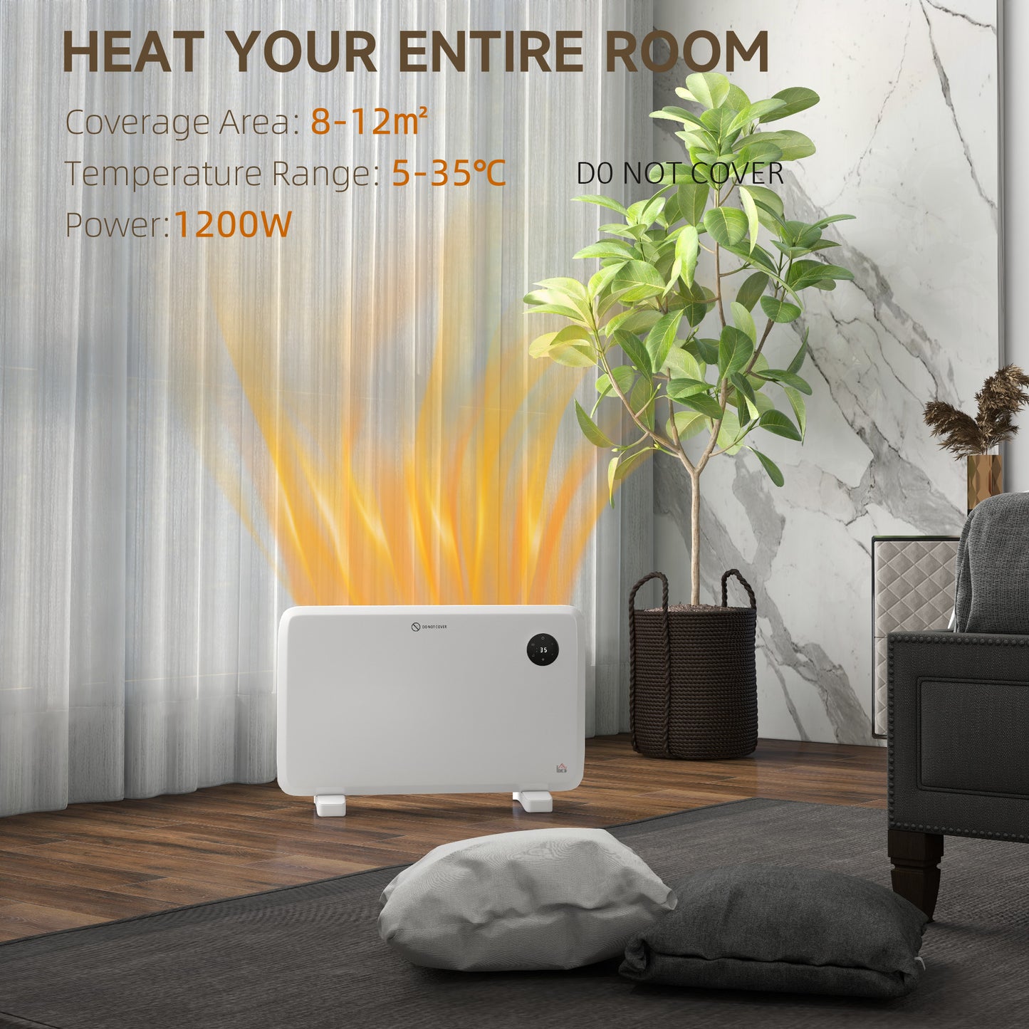1200W Electric Convector Heater, Freestanding or Wall Mounted, Space Heater with Adjustable Thermostat, Timer, White