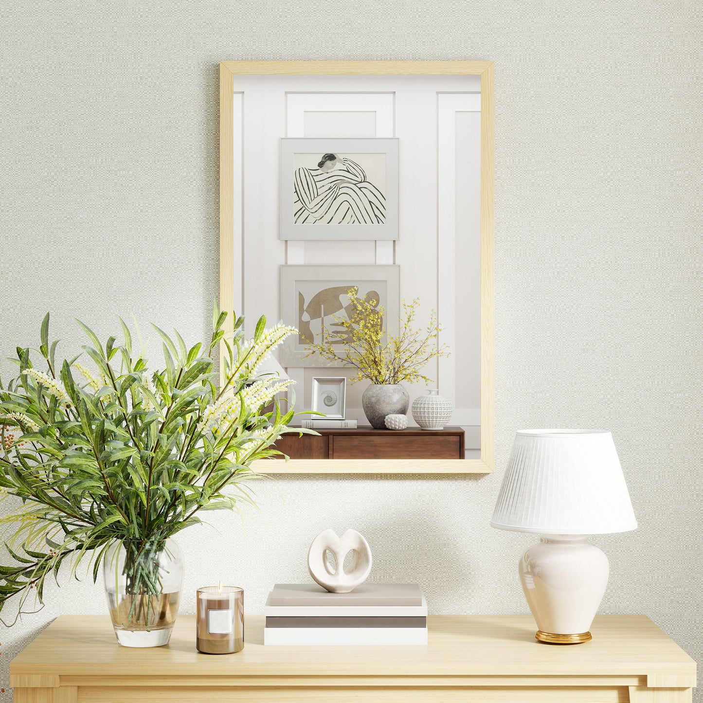 Wall Bathroom Mirror, 60 x 40 cm Wall-Mounted Mirror for Living Room, Bedroom, Hallway, Natural Wood Finish