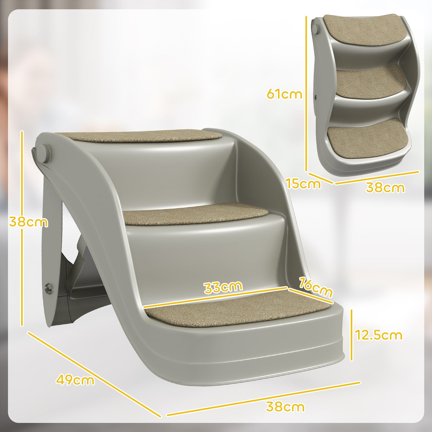Foldable Pet Stairs 3 Steps with Non-slip Mats for Small Dogs, Grey