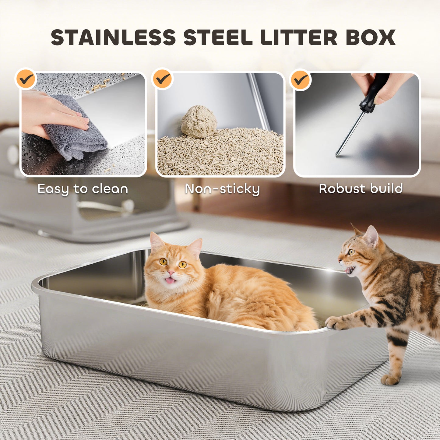 XXL Stainless Steel Cat Litter Tray, Enclosed Cat Litter Box with 90° Flip Cover, Double Doors, Scoop, Easy Clean, Grey