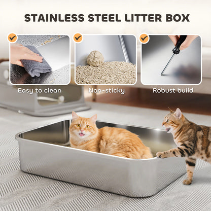 XXL Stainless Steel Cat Litter Tray, Enclosed Cat Litter Box with 90° Flip Cover, Double Doors, Scoop, Easy Clean, Grey