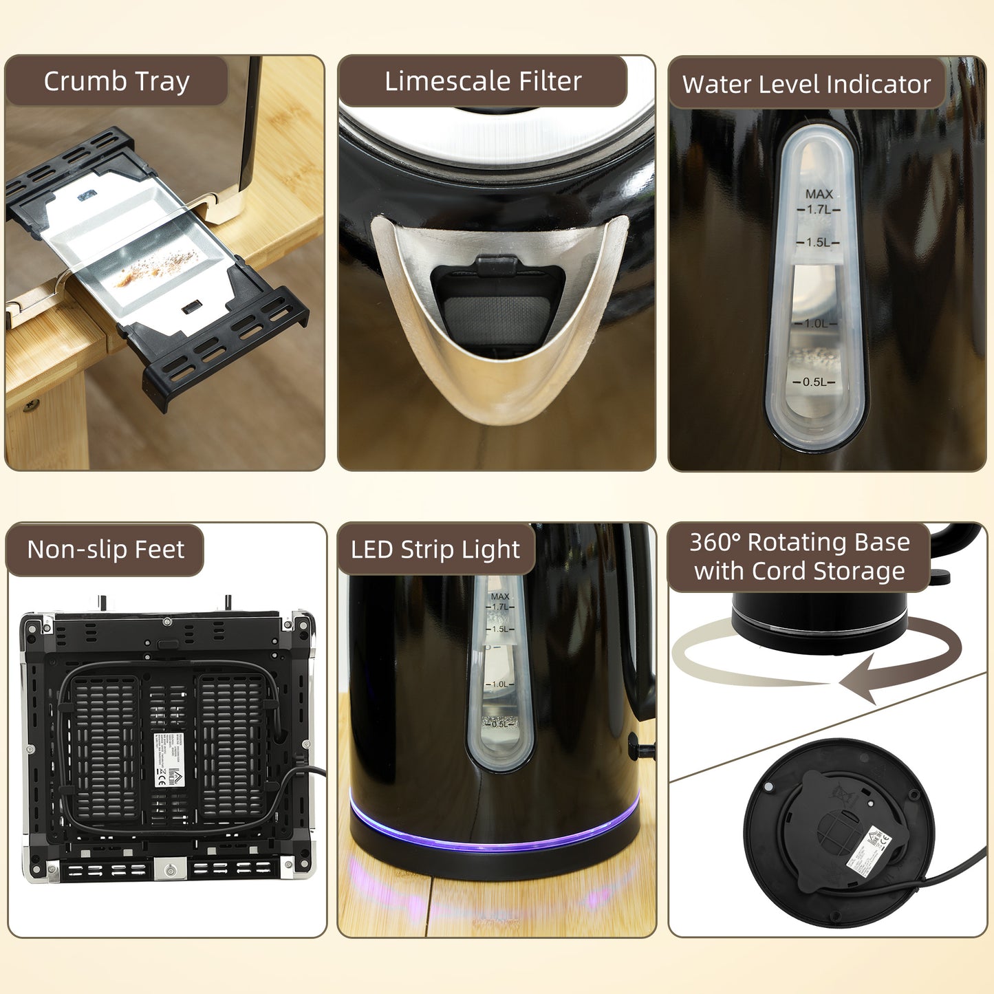 Kettle and Toaster Set, 1.7L 3000W Rapid Boil Jug Kettle with Otter Thermostat, Limescale Filter