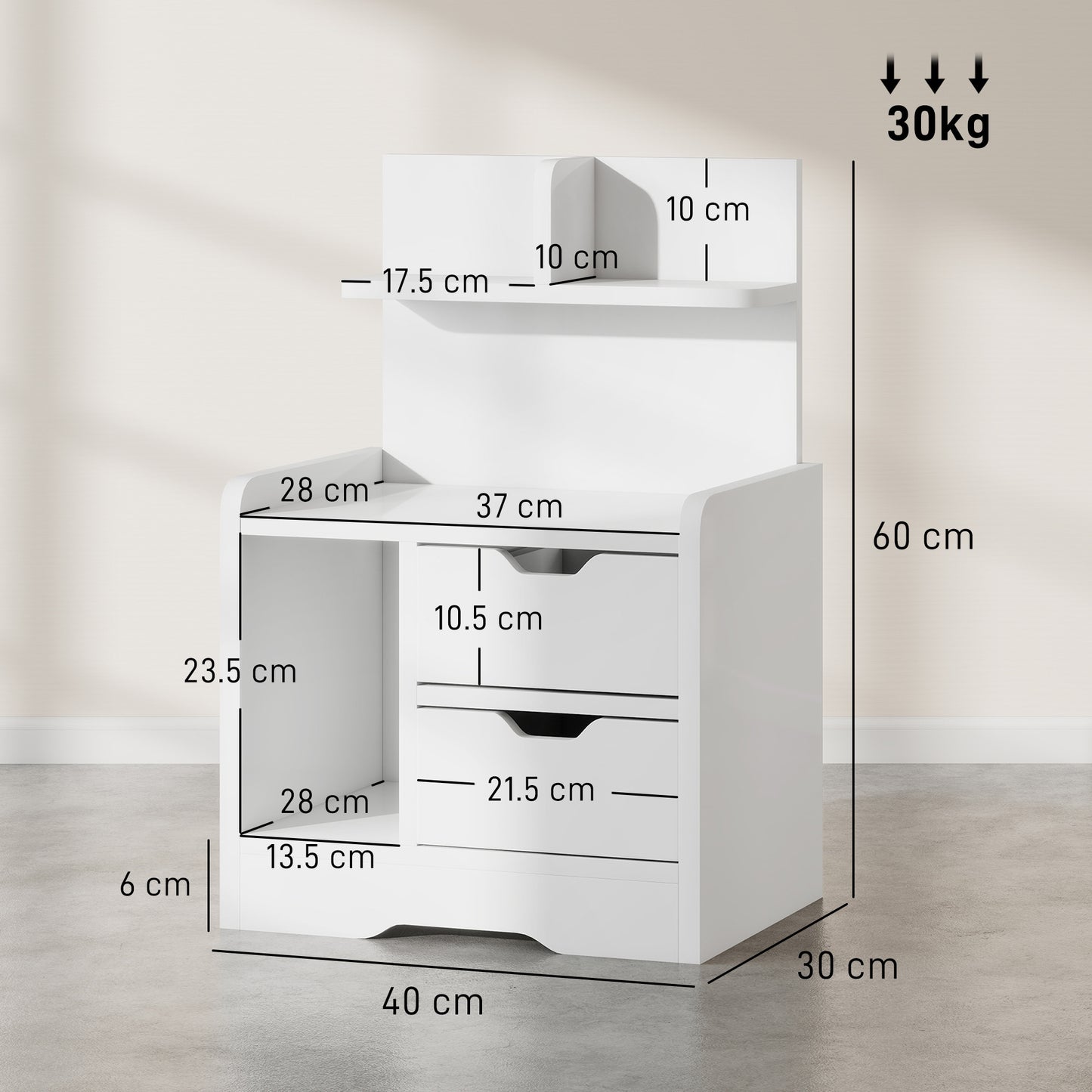 Bedside Table with 2 Drawers and Open Shelves - High Gloss White