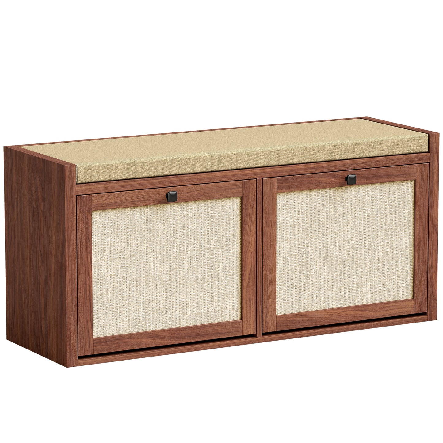 Rattan Shoe Bench with Padded Cushion and 2 Cabinets for Hidden Storage, Brown