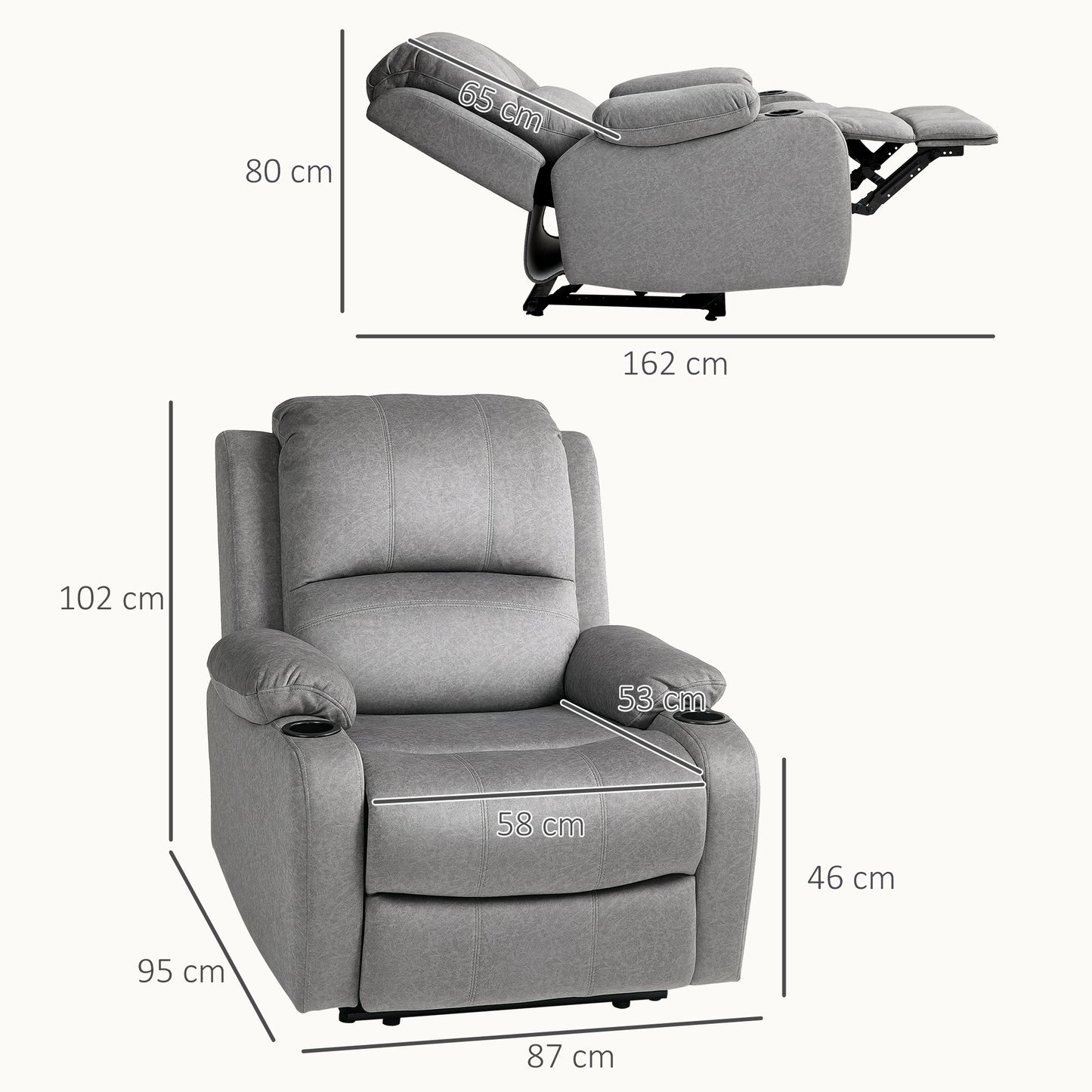 Microfibre Manual Reclining Armchair with 135° Recline Back and Footrest - Grey