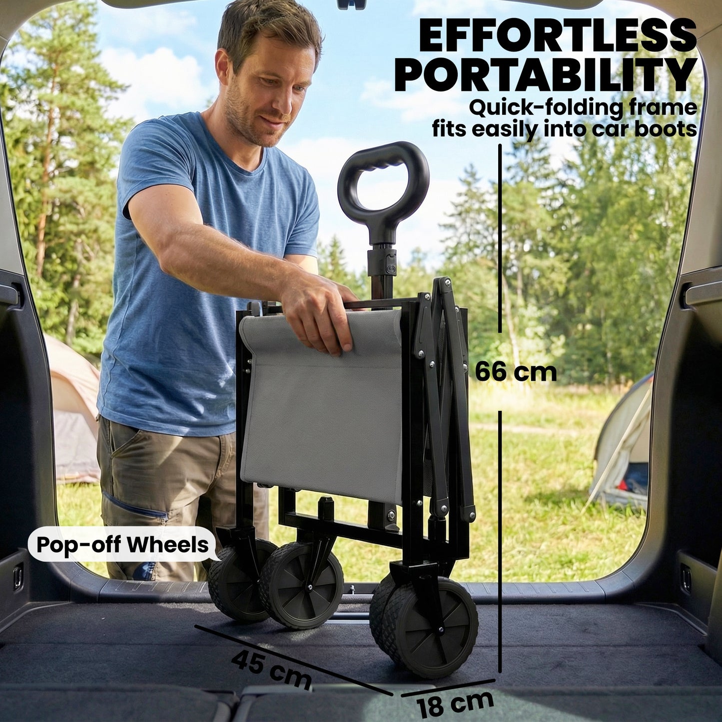 60L Foldable Festival Trolley on Wheels, Collapsible Wagon Cart with Drop-Down Tailgate, Adjustable Handle, Grey