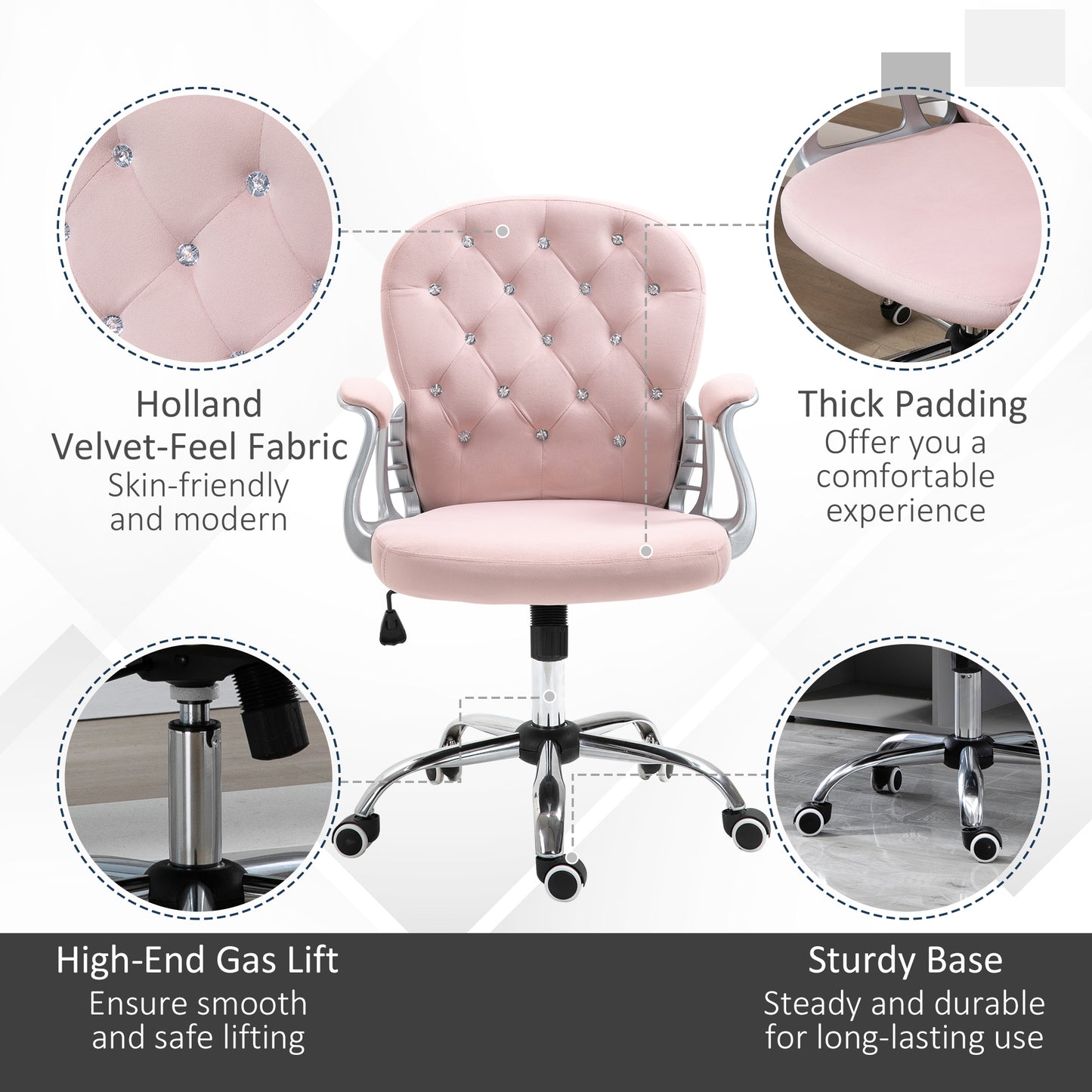Office Chair, Swivel Desk Chair, Velvet Vanity Chair with Adjustable Height and Rolling Wheels for Home Work Study, Pink