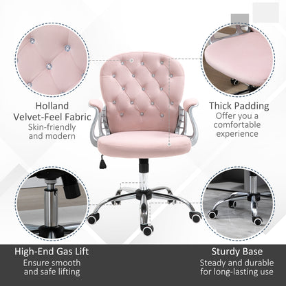 Office Chair, Swivel Desk Chair, Velvet Vanity Chair with Adjustable Height and Rolling Wheels for Home Work Study, Pink