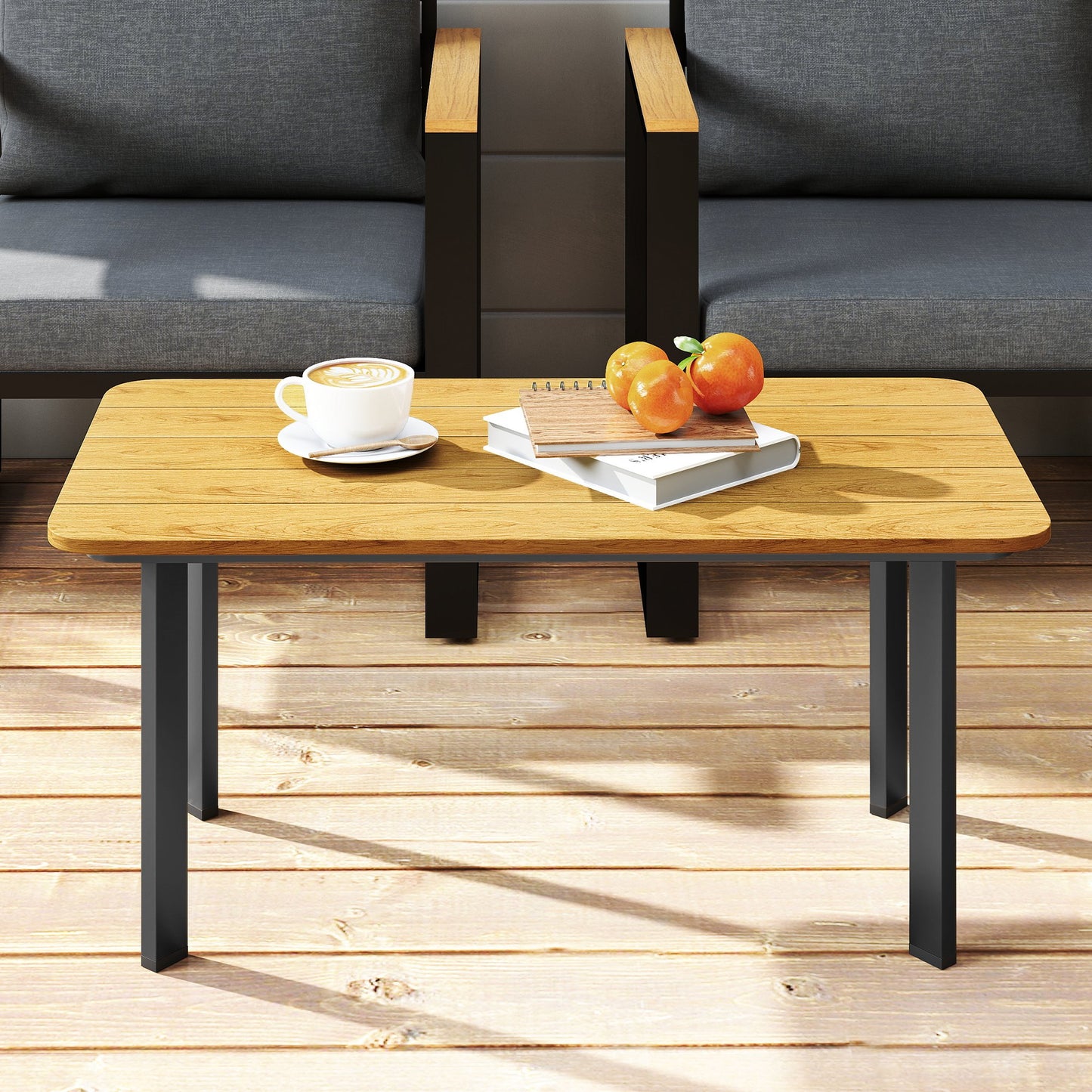 Outdoor Garden Coffee Table, Garden Table with Slatted Wood Plastic Composite Top and Metal Frame, Brown