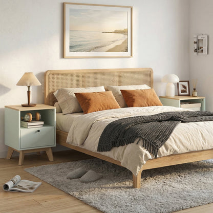 Modern Nightstand Set of 2, Bedside Table with Drawer and Open Shelf, Side End Table for Bedroom, Light Green