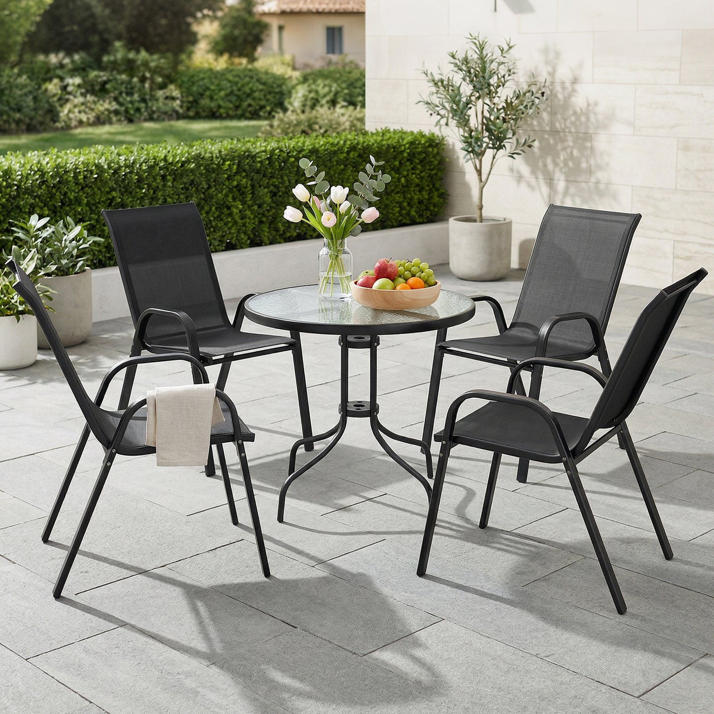 Five-Piece Steel Patio Set, with Glass-Top Table - Black