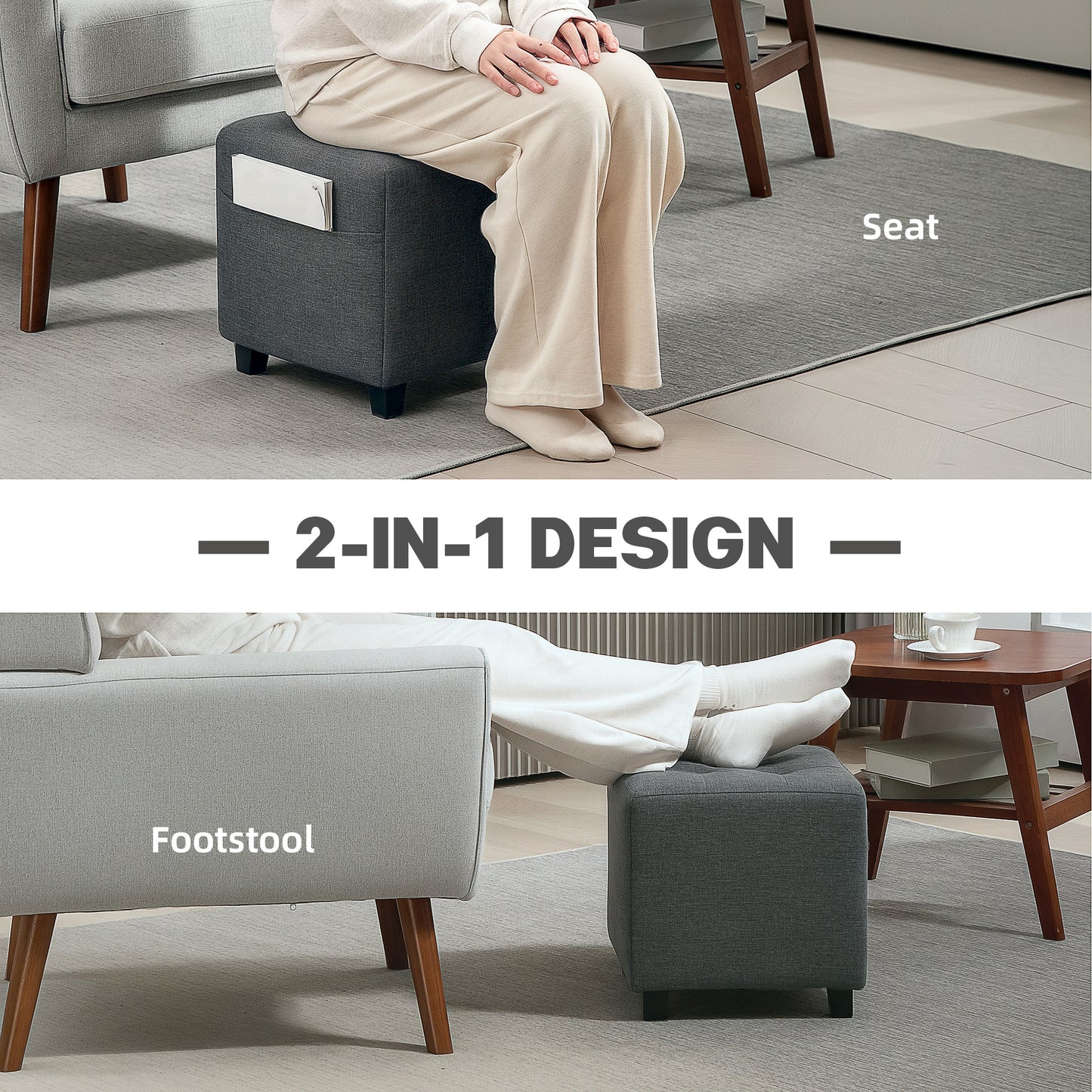 Square Footstool, Small Ottoman with Side Pocket, Linen Fabric Footrest Foot Stool with Rubber Wood Legs and Padded Seat for