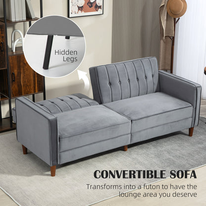 Velvet-Feel Three-Seater Sofa Bed with Wooden Legs, 300 kg - Dark Grey
