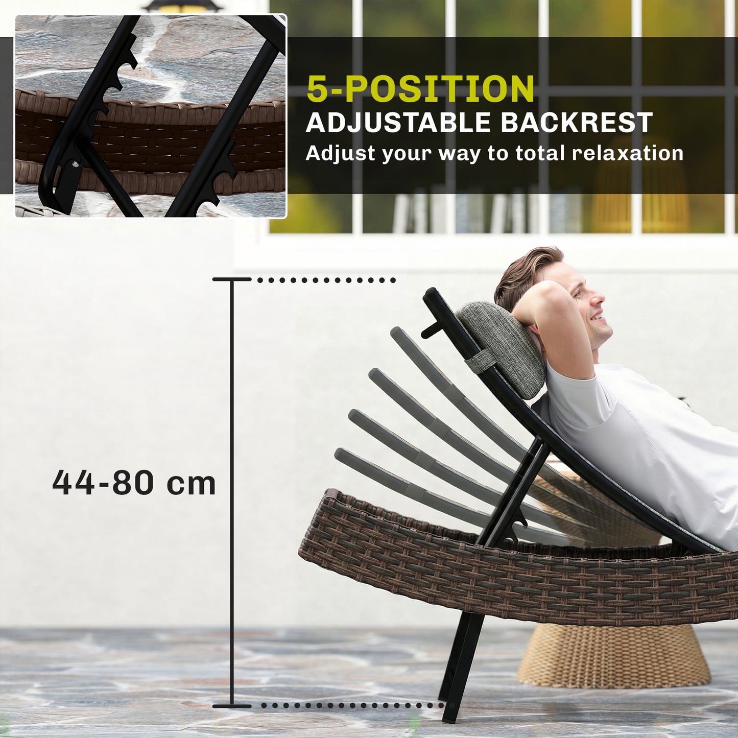 Rattan Sun Lounger, Garden Recliner with 5 Position Adjustable Back, S Shaped Texteline Seat, Headrest, Brown