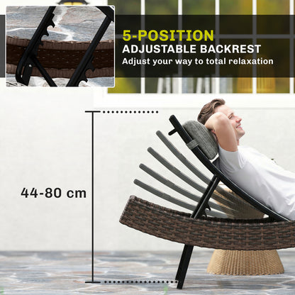 Rattan Sun Lounger, Garden Recliner with 5 Position Adjustable Back, S Shaped Texteline Seat, Headrest, Brown