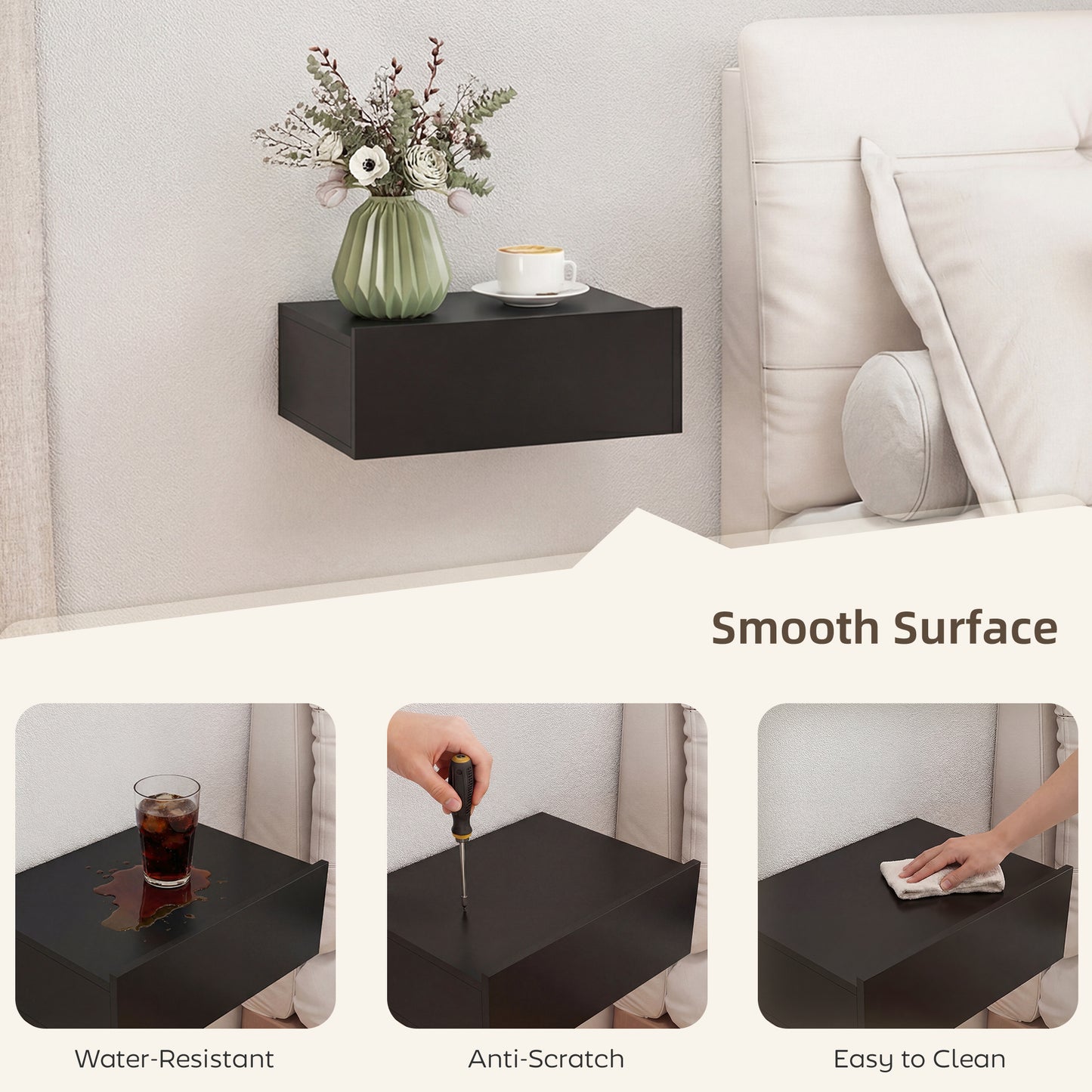 Floating Bedside Table Set of 2, Wall-Mounted Nightstand with Storage Drawer, Small Side End Table for Bedroom, Black