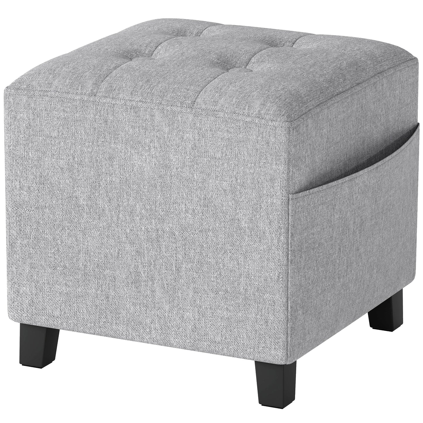 Square Footstool, Small Ottoman with Side Pocket, Linen Fabric Footrest Foot Stool with Rubber Wood Legs and Padded Seat for
