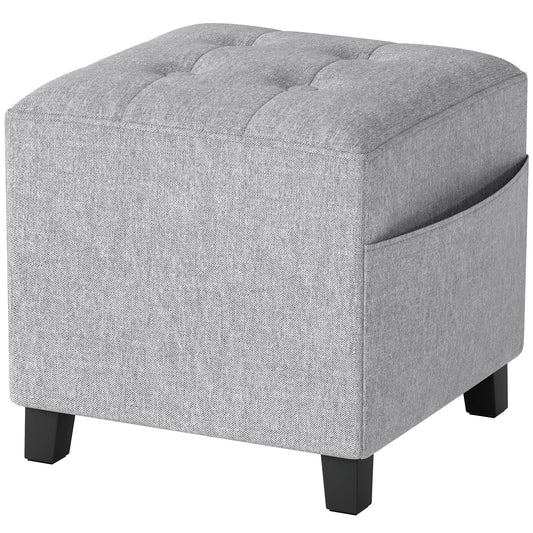 Square Footstool, Small Ottoman with Side Pocket, Linen Fabric Footrest Foot Stool with Rubber Wood Legs and Padded Seat for