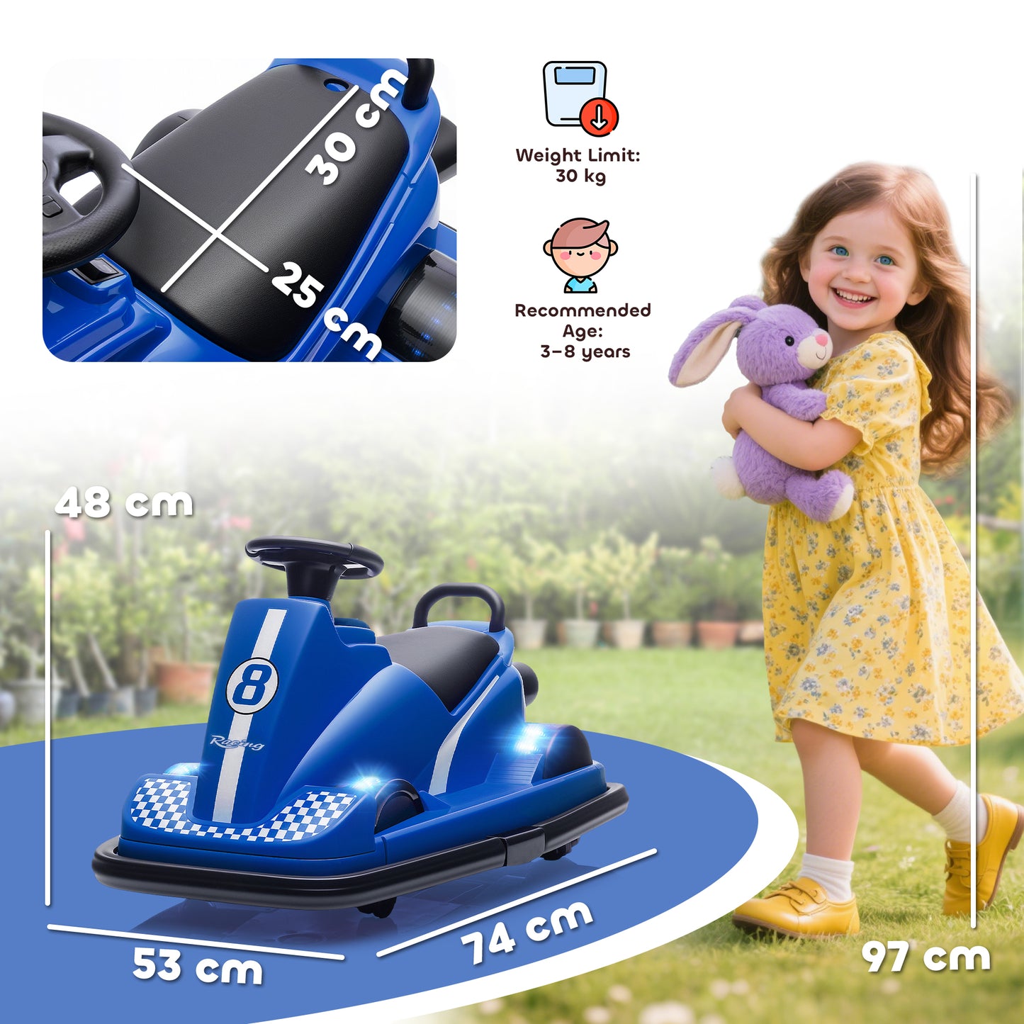 Kids Bumper Car, 360° Rotation Spin Electric Waltzer Car with LED Lights, Music for Ages 3-8 Years Old, Blue