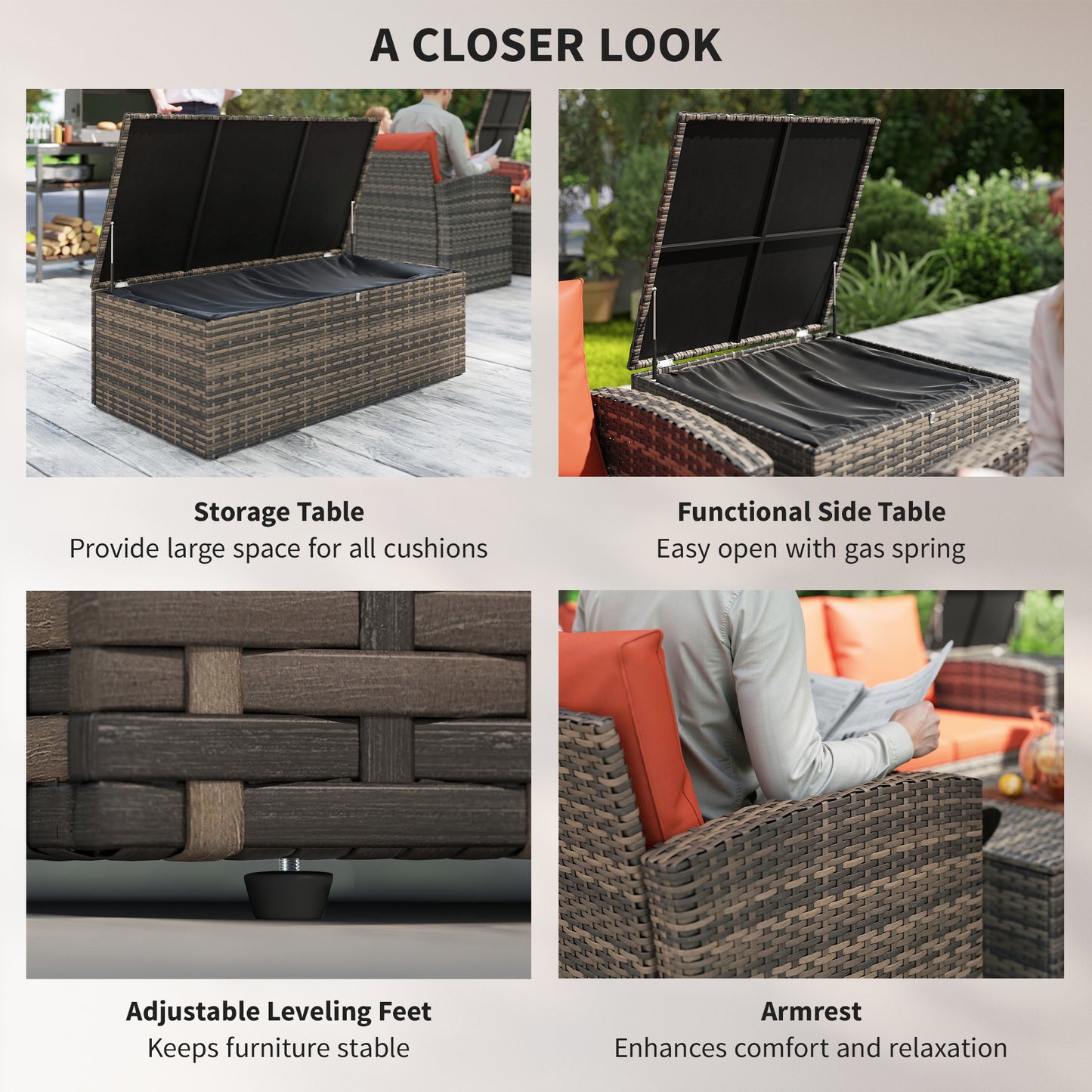6 Pieces Rattan Garden Furniture Set, 7 Seater Wicker Outdoor Furniture Set with Storage Tea Table & Side Table