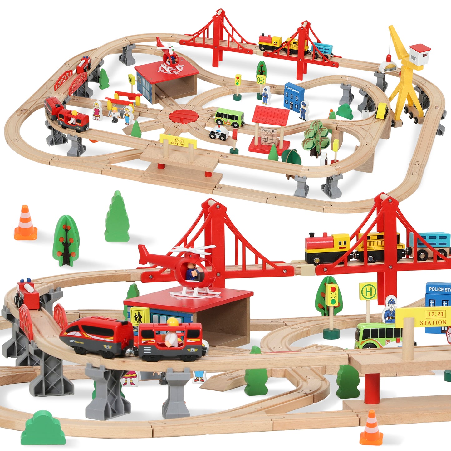 133-Piece Wooden Train Set, Toy Train with Crane, Storage Box, for Kids Ages 3+