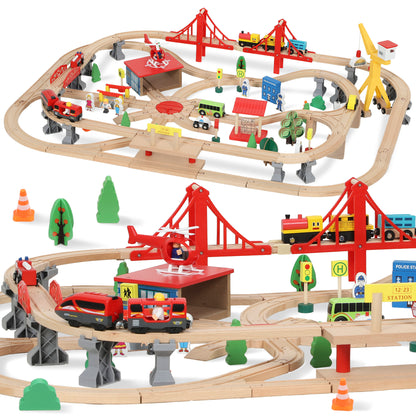 133-Piece Wooden Train Set, Toy Train with Crane, Storage Box, for Kids Ages 3+