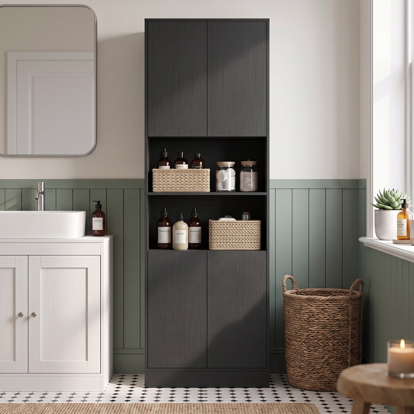 170 cm Kitchen Pantry Cabinet, Freestanding Storage Cabinet with Soft-Close Hinges, Black Wood Effect