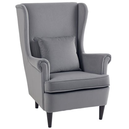 Modern Accent Chair with High Backrest and Pillow, Velvet-Feel Fabric Reading Chair with Solid Wood Legs, Grey