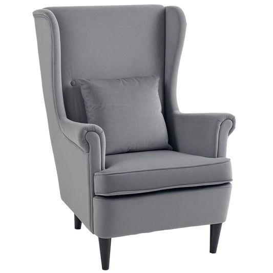 Modern Accent Chair with High Backrest and Pillow, Velvet-Feel Fabric Reading Chair with Solid Wood Legs, Grey