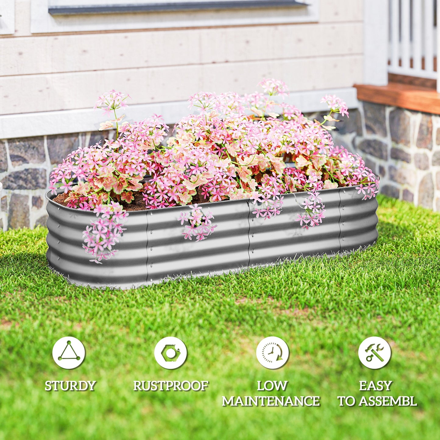 Galvanised Raised Garden Bed, Metal Planter Box with Safety Edging, for Flowers, Herbs, Succulents, Silver