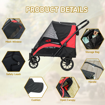 Foldable Pet Stroller for Large Dogs with Four Big Wheels, Shock-Absorbing Frame, Safety Leashes, Brakes, Red/Black