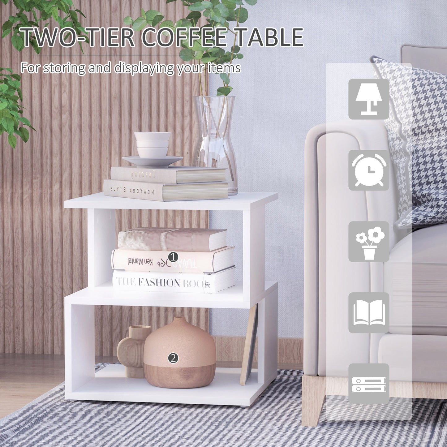 Side Table, Square Coffee Table, Modern End Table with 2 Tier Storage Shelves for Living Room, Bedroom, White