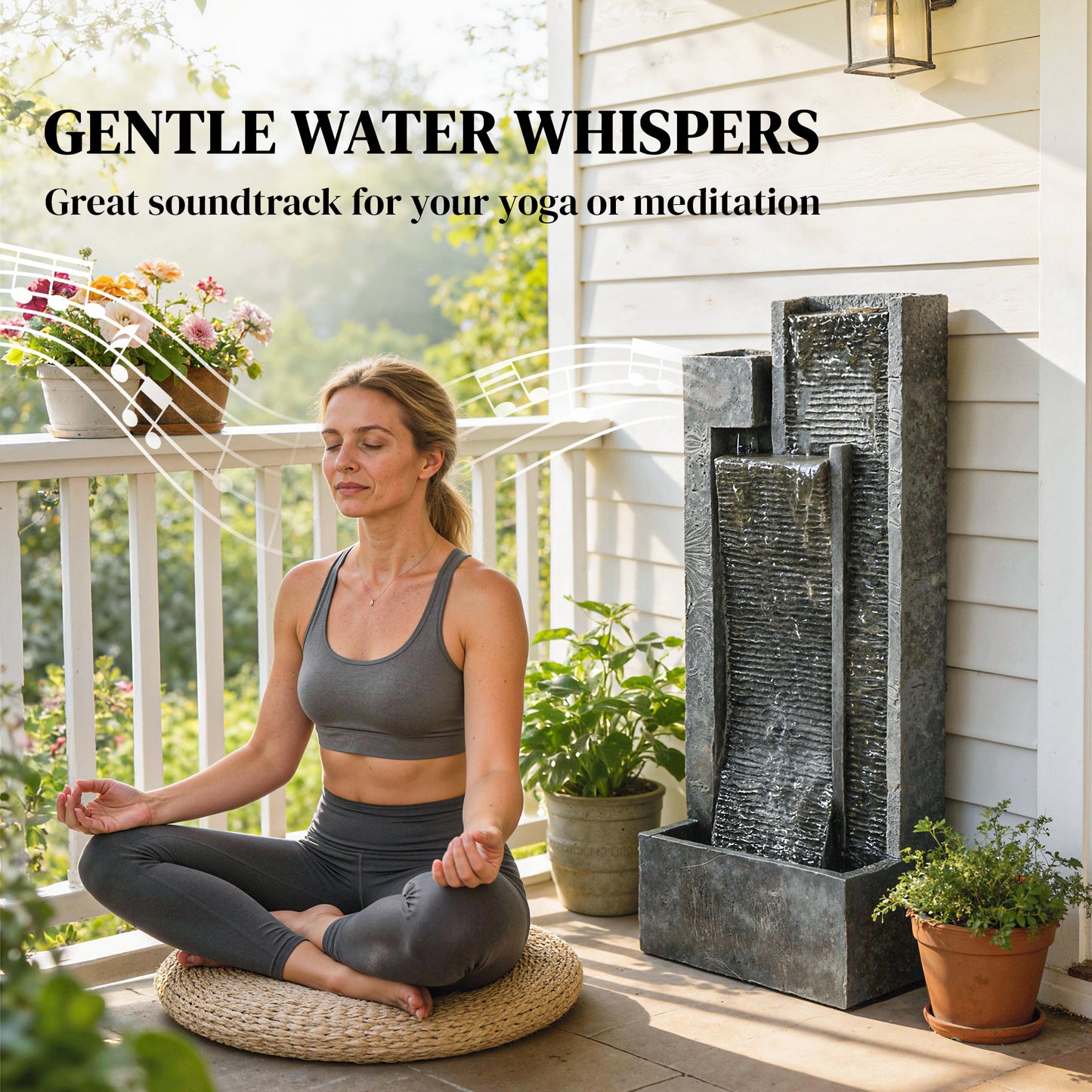 Water Feature with LED Lights and Planter, 3-Tier Garden Water Fountain with Pump, Resin Waterfall Feature, Dark Grey