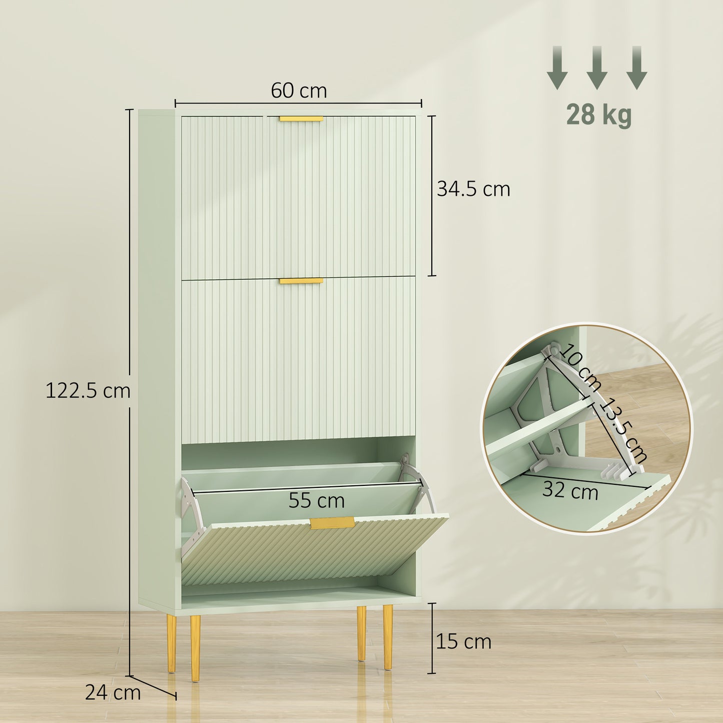 Elegant Three-Drawer Shoe Cabinet - Light Green