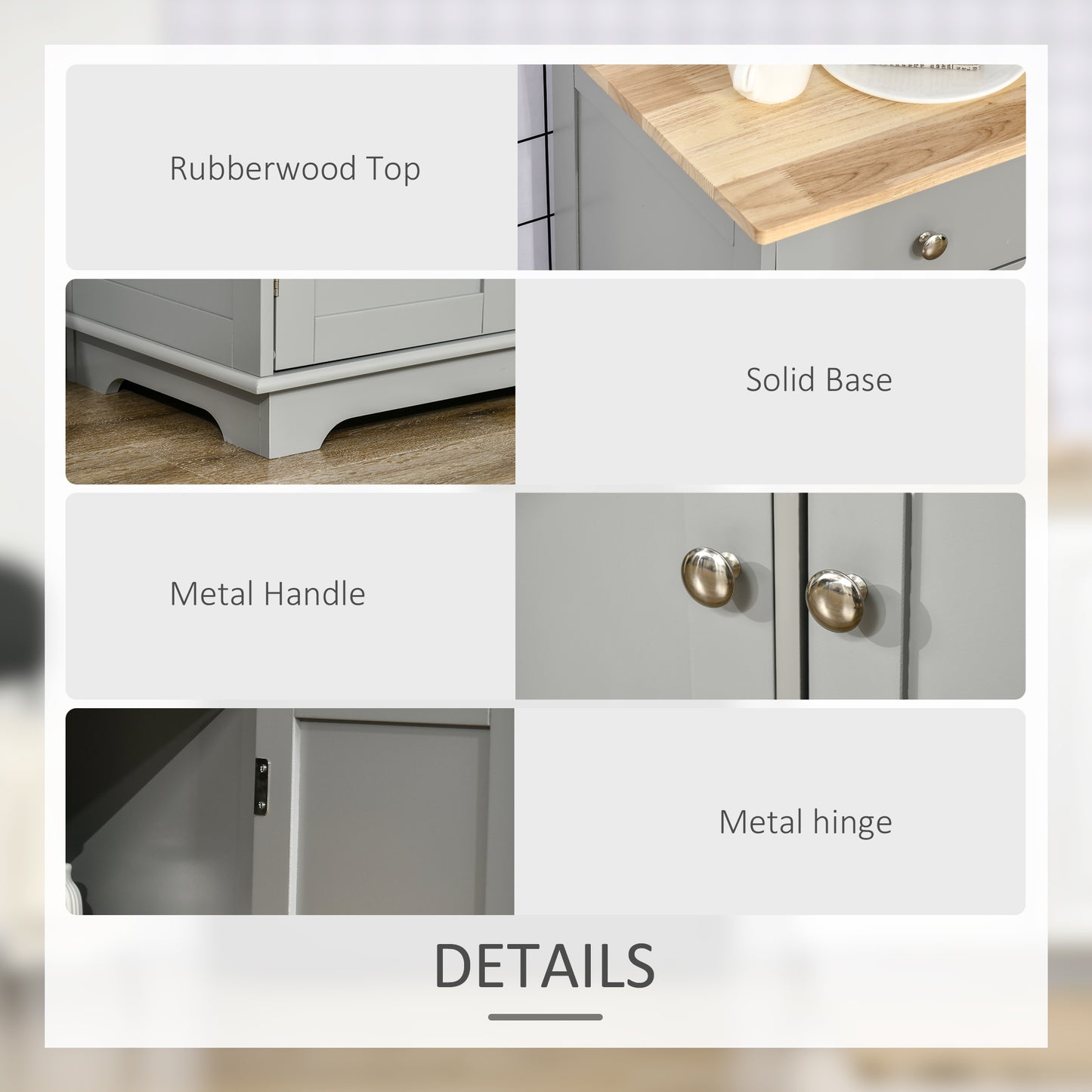 Sideboard with Rubberwood Top and Independent Storage Shelves for Dining Room, Kitchen - Grey