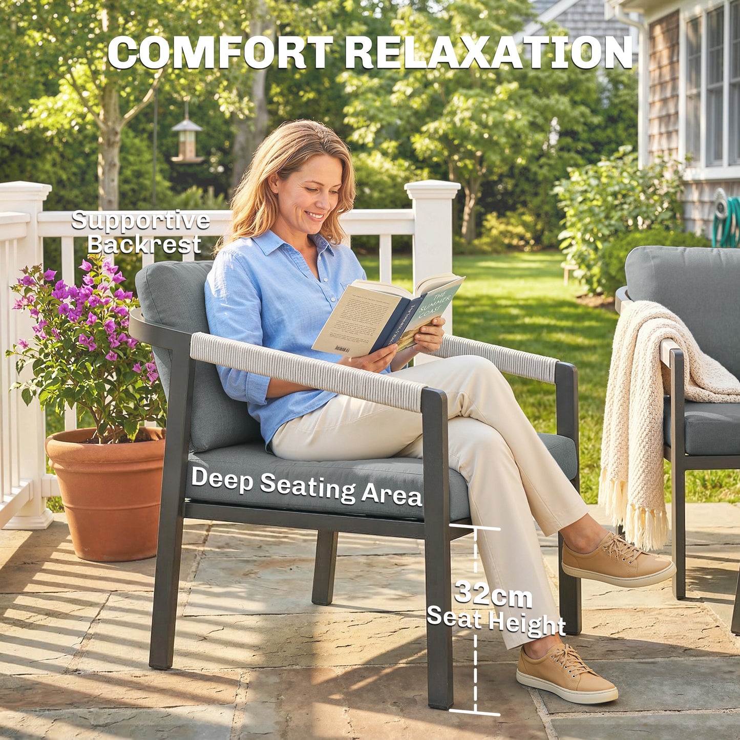 Aluminium Garden Furniture Set, 4 Seater Outdoor Patio Furniture with Loveseat, 2 Armchairs, Slatted Table
