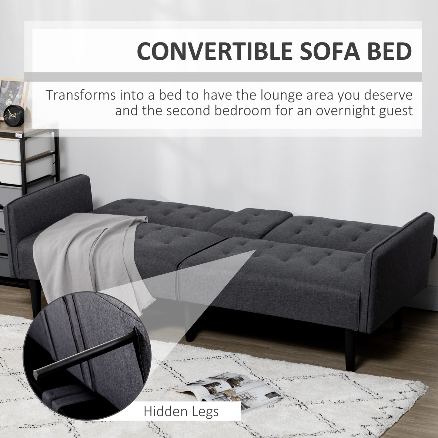Three-Seater Sofa Bed, with Cupholders - Grey
